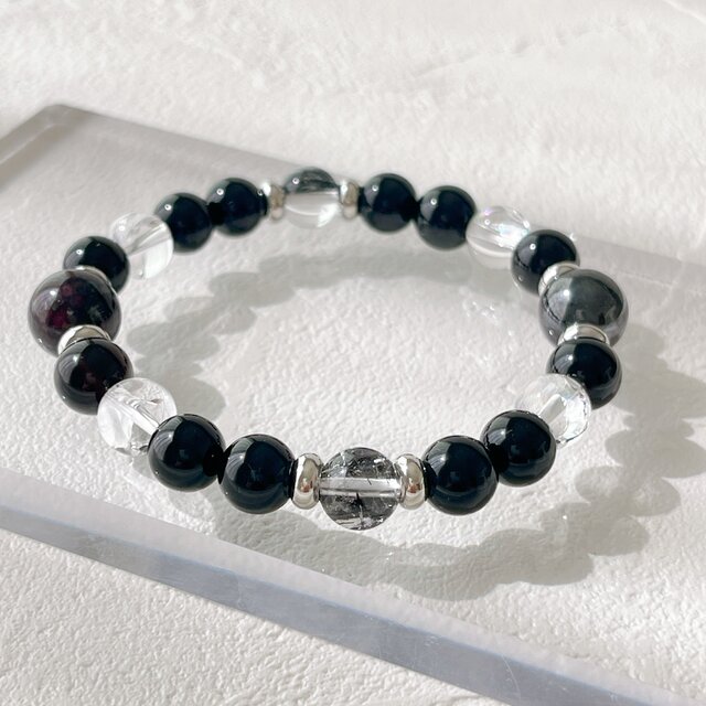 スギライト×モリオン8mm×トルマリネイテッドクォーツのお守りブレスレット✧数珠