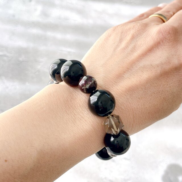 ☆モルダバイト＆モリオン ブレスレット☆おまけ付き 希少石スギライト×モリオン【16mm】プレミアムお守り