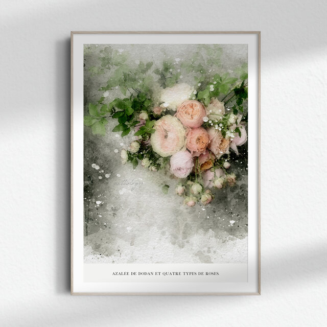 A4【ドウダンツツジと４種類の薔薇 水彩画】インテリア アートポスター 