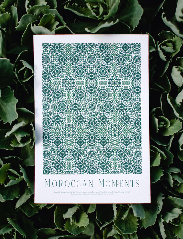 A4【モロッカン・パターン】ゼリージュ　インテリア アートポスター グリーン（ライト）Étape22