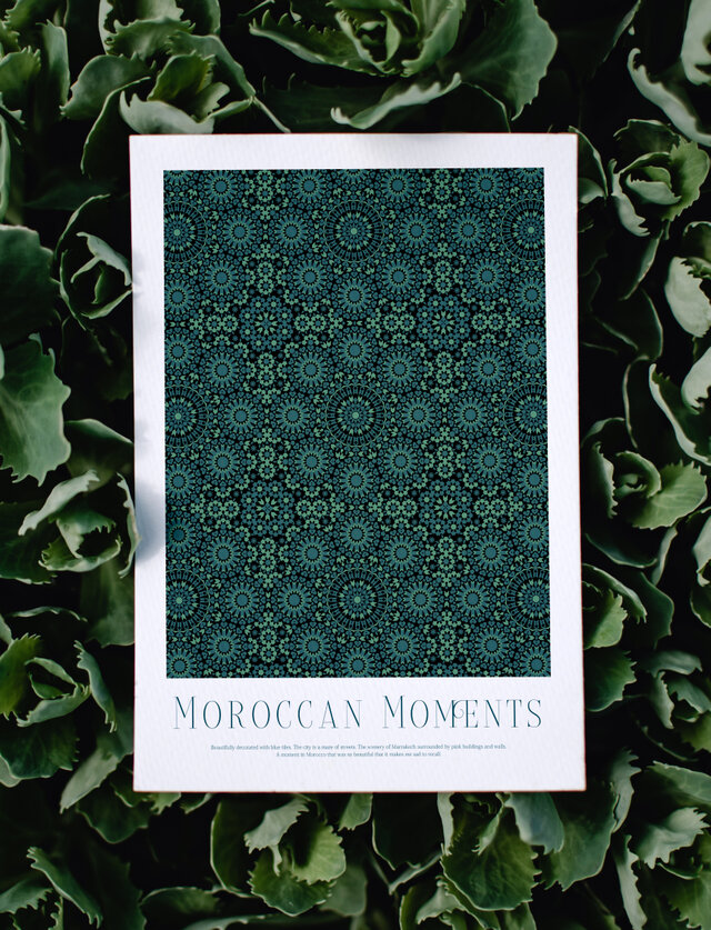 A4【モロッカン・パターン】ゼリージュ  インテリア アートポスター グリーン（ダーク）Étape23