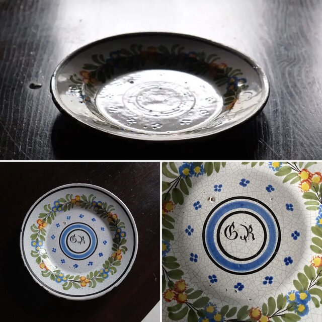 フランス アンティーク 陶器 平皿 花絵皿 リム皿 φ21.5cm イニシャル