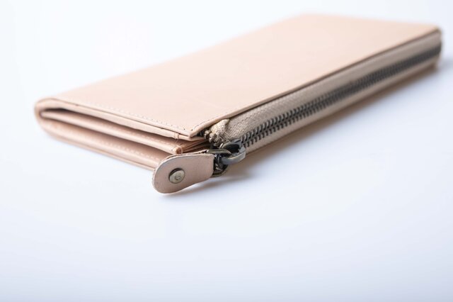 ハンドメイド レザー 財布 ナチュラル マチあり L字ファスナー 長財布 【 バイカラー シュリンクレザー