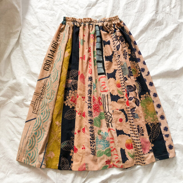 柿渋染め 手ぬぐいリメイク 短冊スカート ギャザースカート | iichi