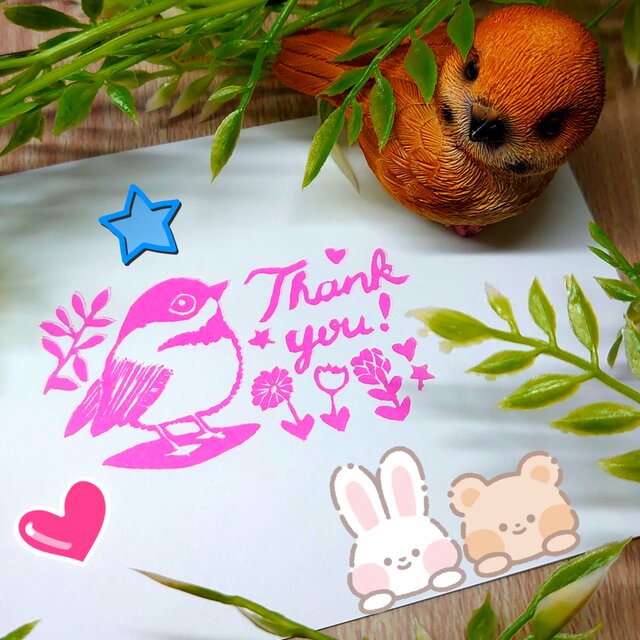 消しゴムはんこ「小鳥③・thank you」