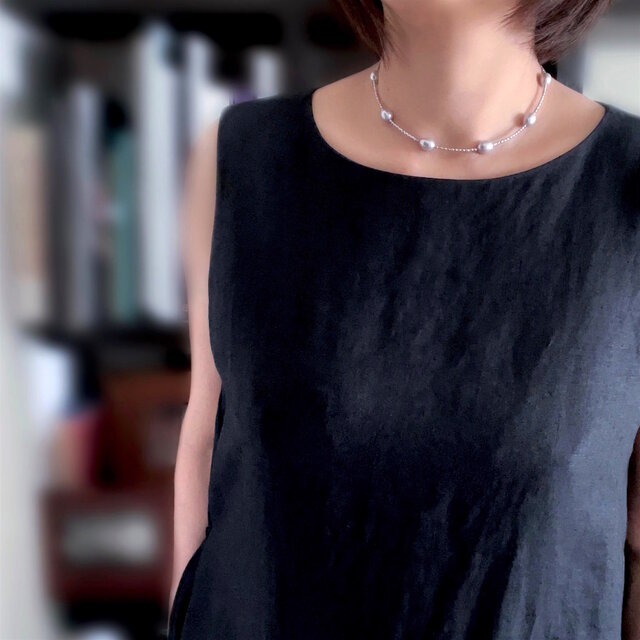 大粒ライスパール シルバーのステーションチョーカー 9x11mm