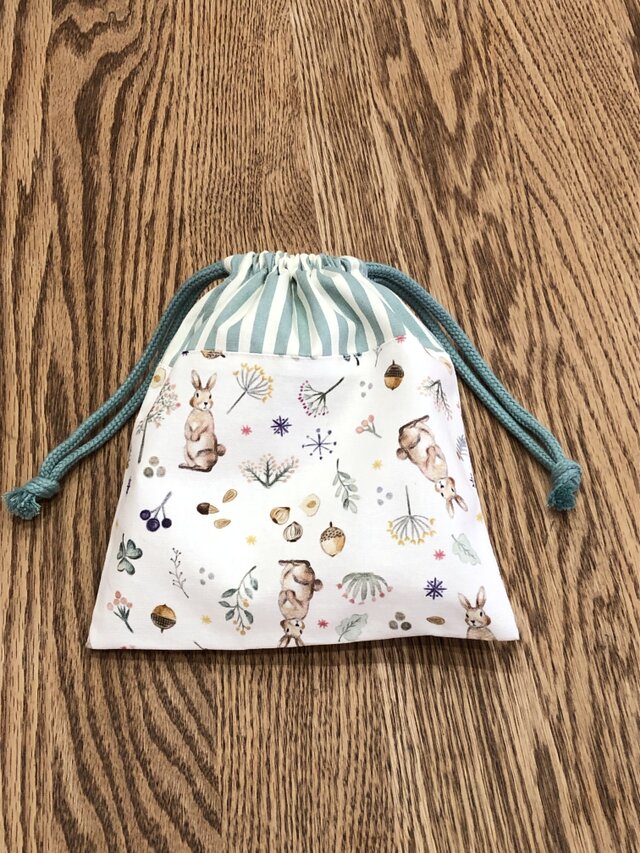 巾着　給食袋　うさぎ　スモーキーグリーン