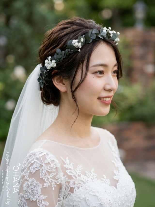 結婚式・ウエディング】ユーカリとかすみ草の花冠 和装 振袖 袴 和婚