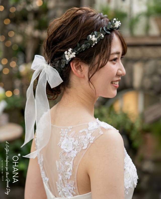 結婚式・ウエディング】ユーカリとかすみ草の花冠 和装 振袖 袴 和婚