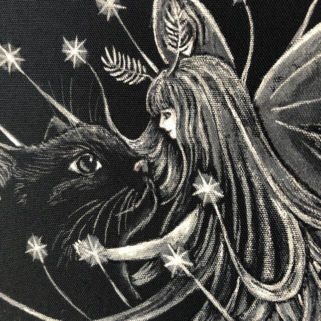蟲の姫と黒猫SMサイズ アート作品原画 猫 徳島洋子作品  星月猫
