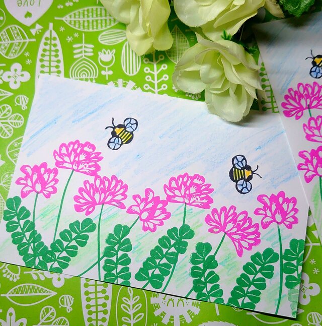 消しゴムはんこ「レンゲソウ・れんげ草・ミツバチ」6個 | iichi 日々