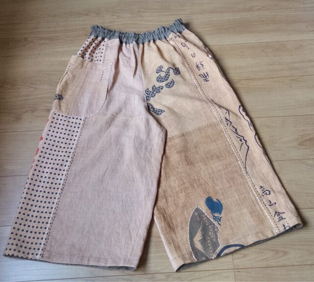 古布リメイク時代物手拭い柿渋染めサルエルパンツ 柿渋染め サルエルパンツ 古布 古布リメイク 風呂敷リメイク