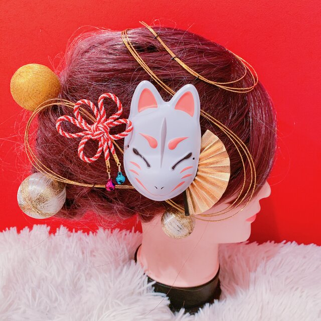 きつね☆ミニお面☆お祭り髪飾り☆夏祭り☆成人式髪飾り☆結婚式髪飾り☆御神輿☆山車☆袴ヘア☆扇子髪飾り