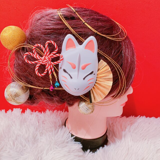 きつね☆ミニお面☆お祭り髪飾り☆夏祭り☆成人式髪飾り☆結婚式髪飾り
