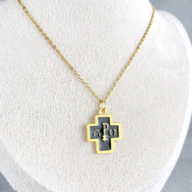 ミニ十字架・アルファオメガ・黒✧ネックレス✧サージカルステンレス✧クロス