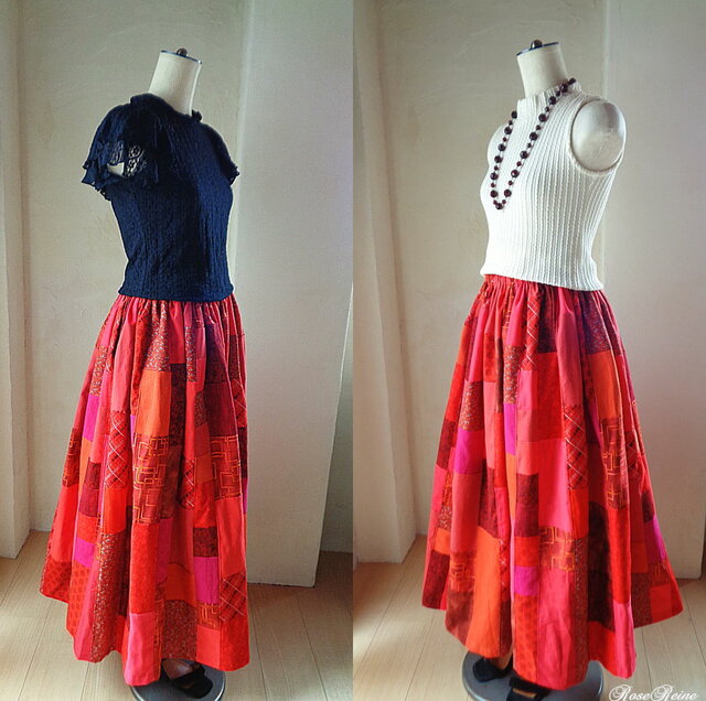 絵画なパッチワーク たっぷりギャザースカート♥パリジェンヌの赤