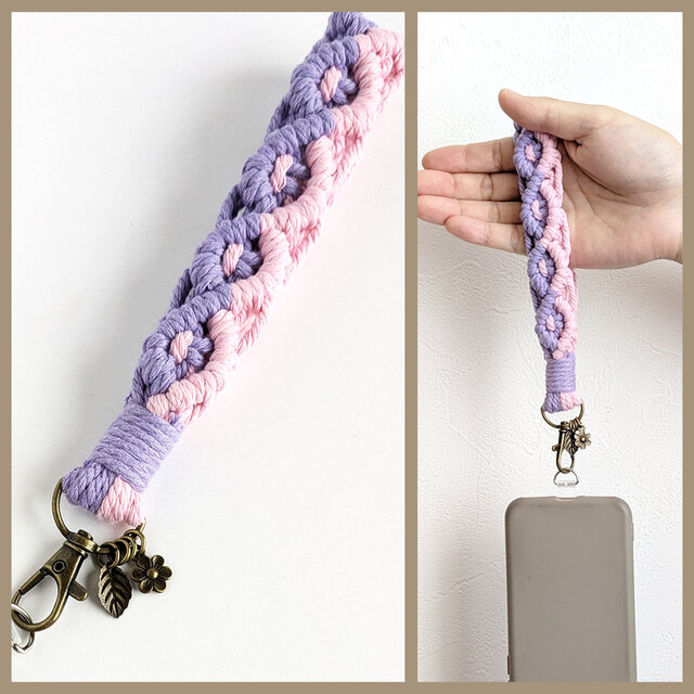 新小花と葉っぱのモチーフ付き＊【ハンドストラップ/ラベンダーパープル】スマホ カメラ リストストラップ  マクラメ 綿 麻