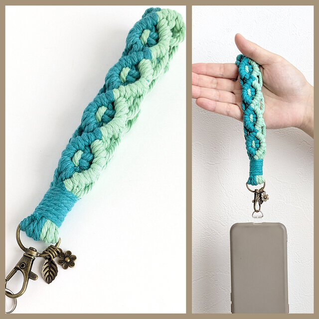 新小花と葉っぱのモチーフ付き＊【ハンドストラップ/ブルーグリーン】スマホ カメラ リストストラップ  マクラメ 綿 麻