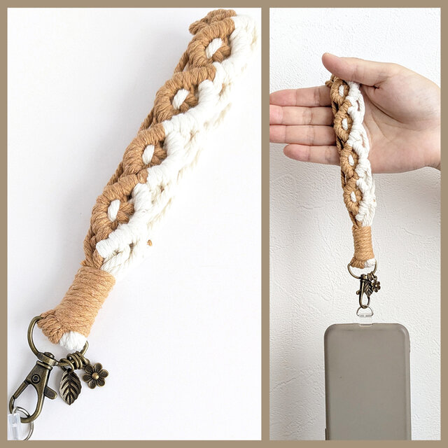 新小花と葉っぱのモチーフ付き＊【ハンドストラップ/ブラウンベージュ】スマホ カメラ リストストラップ  マクラメ 綿 麻