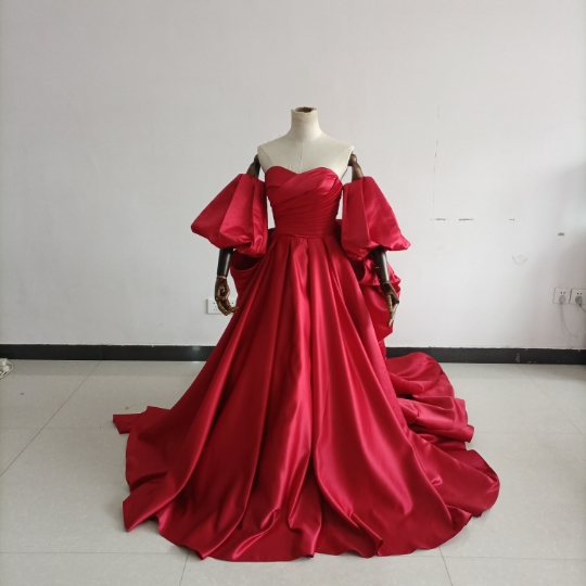 即納！サテン パーティードレス ボルドー色 ベアトップ パフスリーブ 編み上げ 花嫁