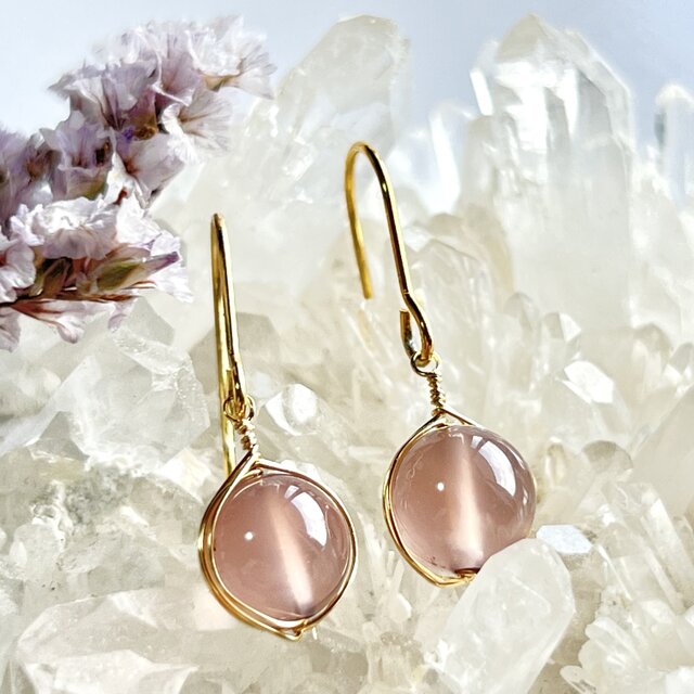 ピンクパープルカルセドニー  1粒ピアス 14kgf 　パープル　ワイヤーラッピング