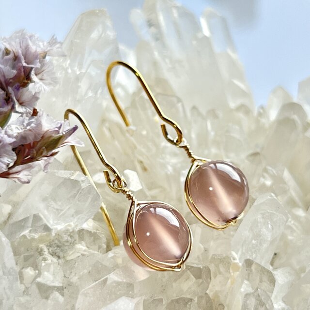 【新春セール⑥】スフェーン　ワイヤーラッピング　ピアス　14kgf ピンクパープルカルセドニー 1粒ピアス 14kgf パープル ワイヤー