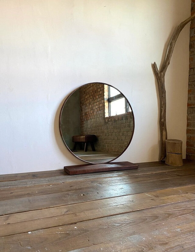 数量限定 RM-8 古材 丸型 鏡 ミラー 木製枠 壁掛け 置き鏡 美容室 ご