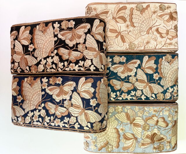 サマーセール 100cm×5種類 幅12cm 蝶 インド刺繍リボン 綿