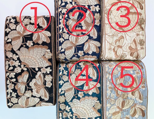 サマーセール 100cm×5種類 幅12cm 蝶 インド刺繍リボン 綿