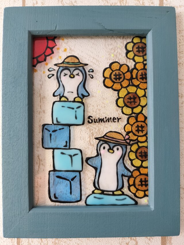 送料無料*ステンドグラス風*ペンギンとひまわり・ハンドメイド