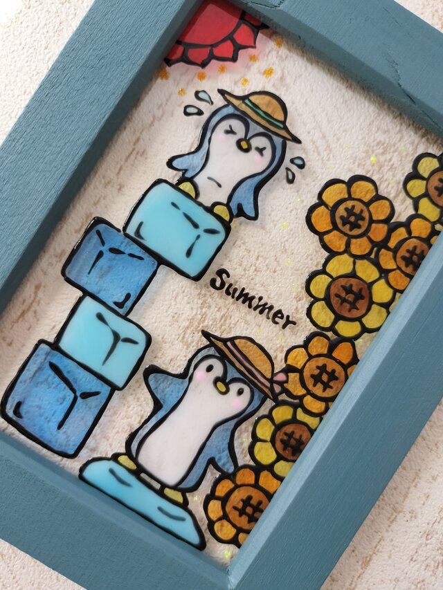 送料無料*ステンドグラス風*ペンギンとひまわり・ハンドメイド