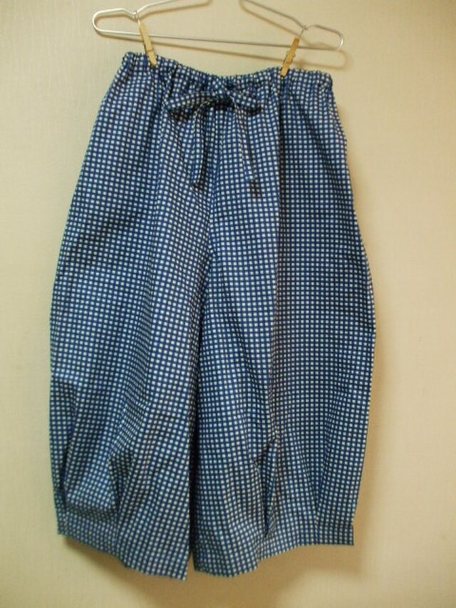 青×白ギンガムチェック柄 かぼちゃシルエットパンツ　Ｍ～ＬＬサイズ　綿１００％ 受注生産