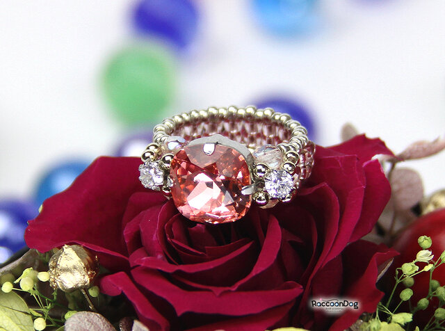 希少　スワロフスキー　広島ビーズ　指輪　リング　ピンク　ピーチ　ビーズ　ローズ 希少 スワロフスキー 広島ビーズ 指輪 リング ピンク ピーチ ビーズ