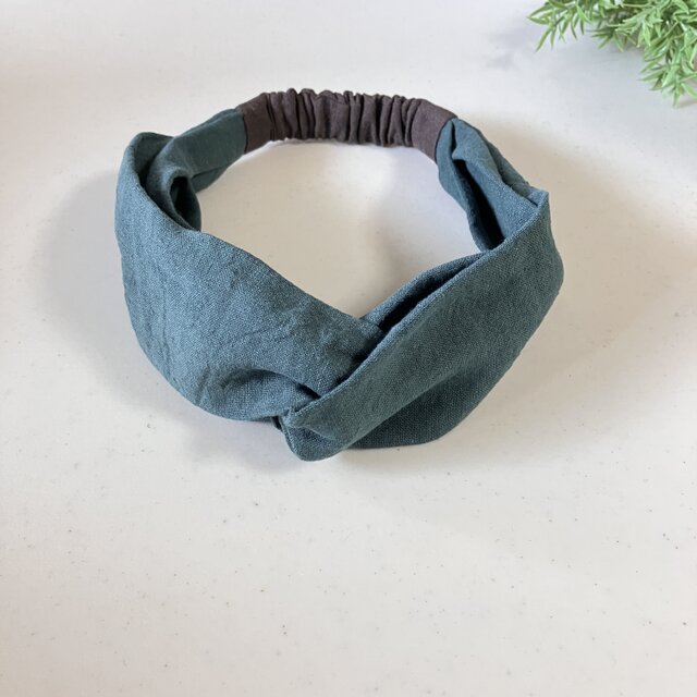 ツイストバイカラーヘアバンド - 上品なアクセントに　心地よい厚みのベルギーリネン（フォレストグリーン×ブラウン）