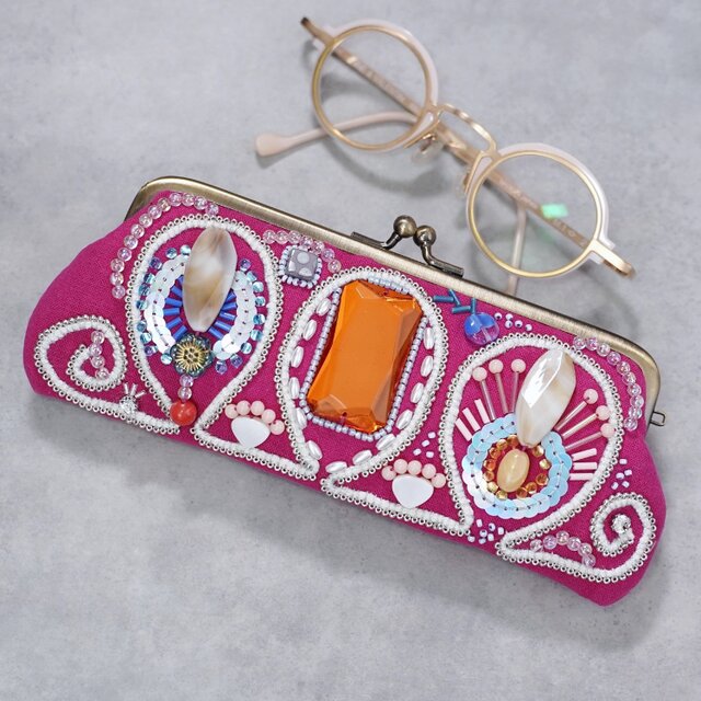 ビーズ刺繍の眼鏡ケース・ペンケースがま口 　3