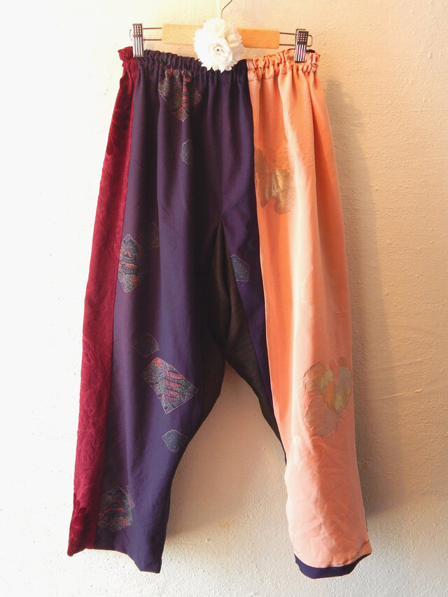 着物・浴衣リメイクサルエルパンツ 紫ｘピンク 2 | iichi ハンドメイド 