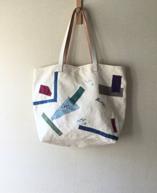 リネン帆布のコラージュと刺し子のバッグ『夏の海の香』