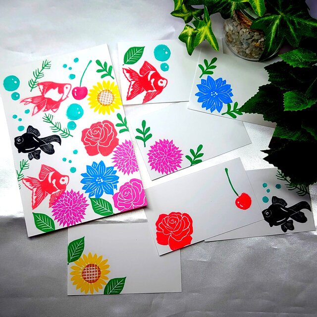 消しゴムはんこ「金魚・フラワー」14個