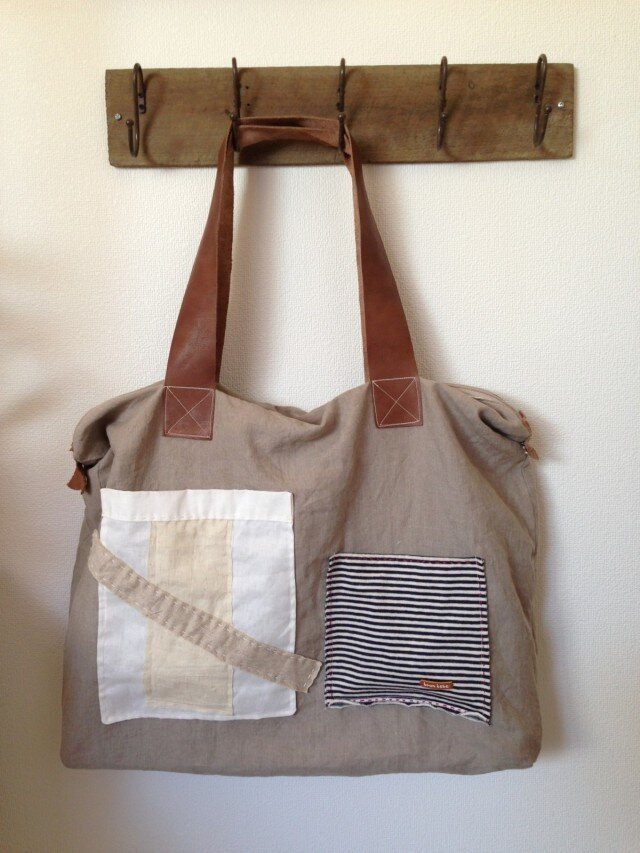 リネンと革のぽっけボストン　（白）