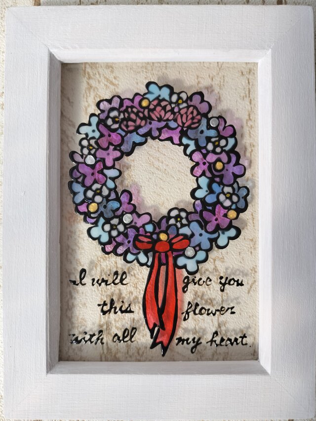 送料無料*ステンドグラス風フレーム*紫陽花のリース･ハンドメイド♪