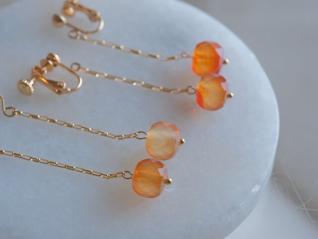 cubic carnelian long chain earring 天然石カーネリアン ロングピアス