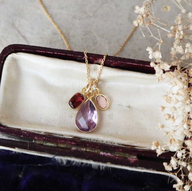 ガーネットとアメジストの3チャームネックレスセット＊1月2月誕生石 金