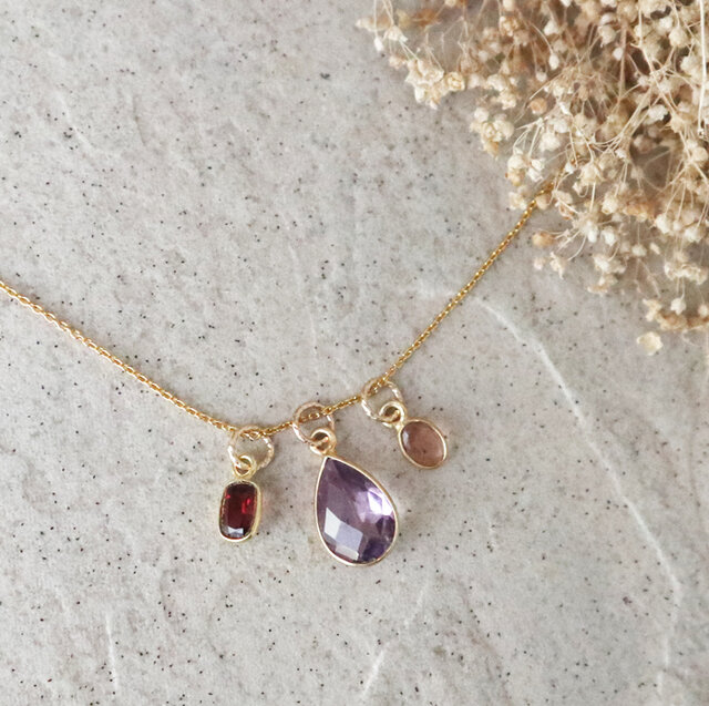 ガーネットとアメジストの3チャームネックレスセット＊1月2月誕生石 金