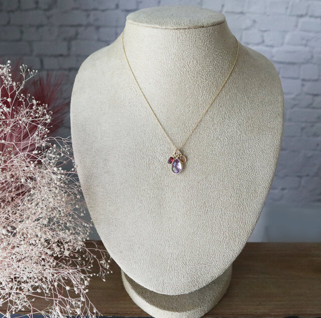 ガーネットとアメジストの3チャームネックレスセット＊1月2月誕生石 金