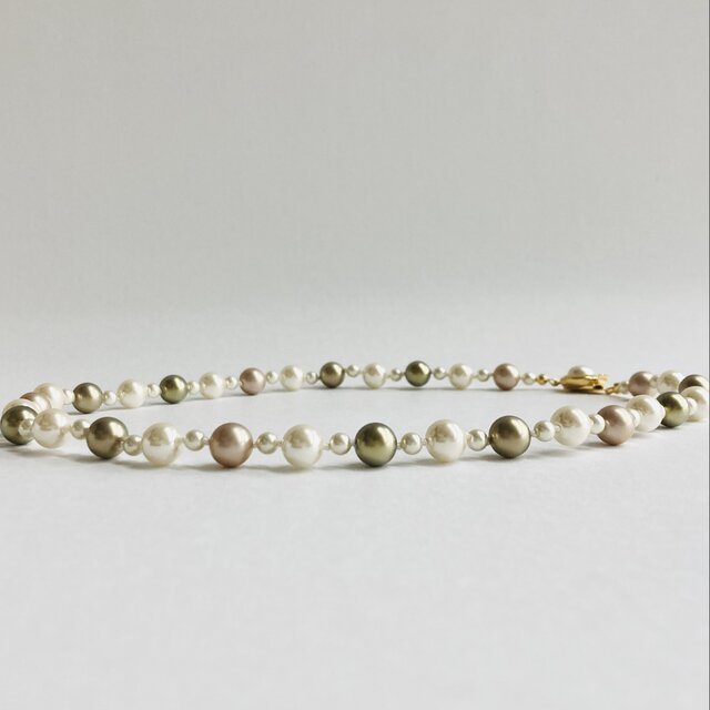 ガラスパールオールノットネックレス/4x8mm約45cm/カーキxクリームmix/G/made in japan