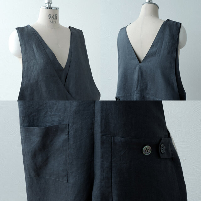 大人のカシュクールサロペットワイドパンツ-リネン/グレー