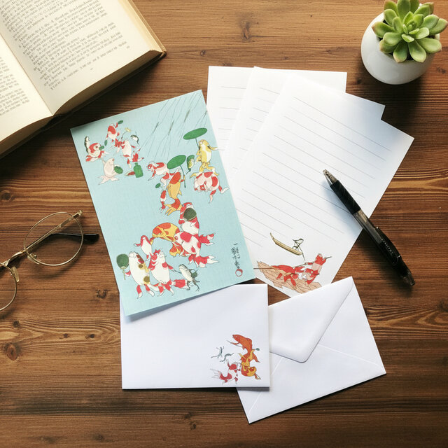 浮世絵 金魚のレターセット｜金魚づくしA（便箋・封筒） 淡水色（うす