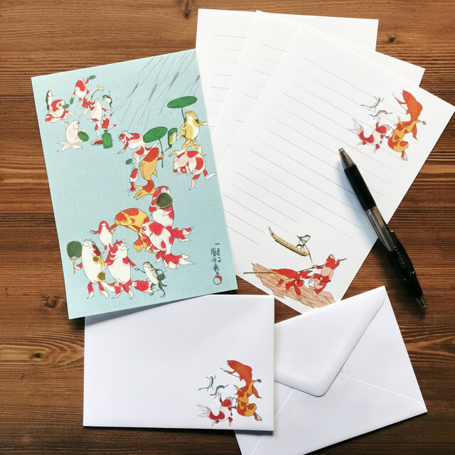 浮世絵 金魚のレターセット｜金魚づくしA（便箋・封筒） 淡水色（うす