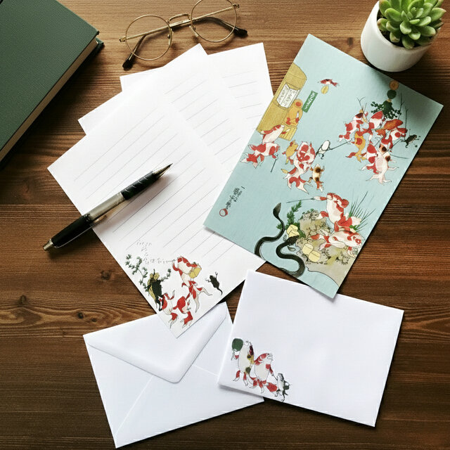 浮世絵 金魚のレターセット｜金魚づくしB（便箋・封筒） 淡水色（うす