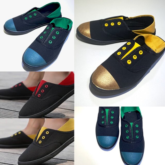 軽量バイカラー2WAYスリッポン (ブラック x グリーン・イエロー・レッド) 22.5cm 〜 28.0cm